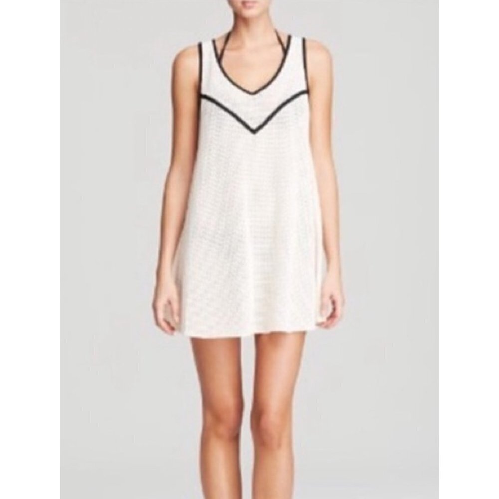 Shoshanna‎ Swimwear Ivory Black Trim Cover Up Crochet Trapeze Knit Size P